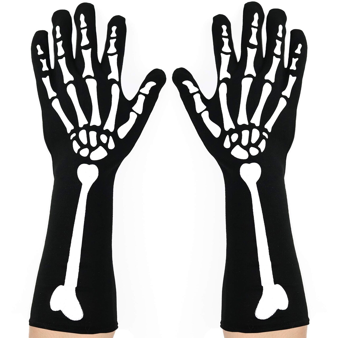 Bone Hand Skeleton Gloves - Skeleton Accessories Stretch Elbow Gloves for Adults and Kids Black